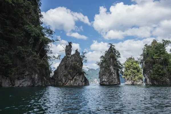 The limestone formations of Cheow Lan Lake in Khao Sok
