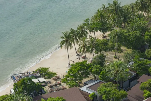 Aerial view from Haad Rin viewpoint over Rin Nai Beach on Koh Phangan